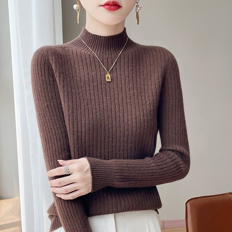 Ribbed Knit Turtleneck Sweater with Cashmere Look for Women - Coffee Brown