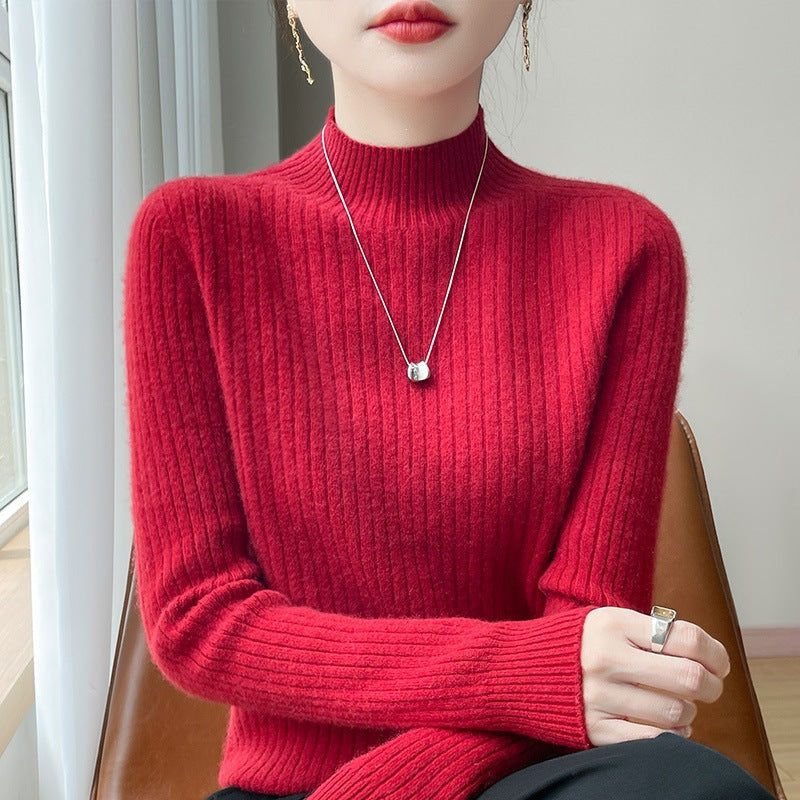 Ribbed Knit Turtleneck Sweater with Cashmere Look for Women - Cherry Red
