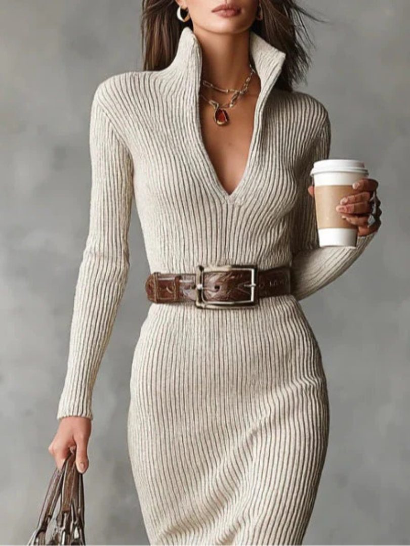Ribbed Knit V-Neck Midi Dress with Belt for Women - View 2