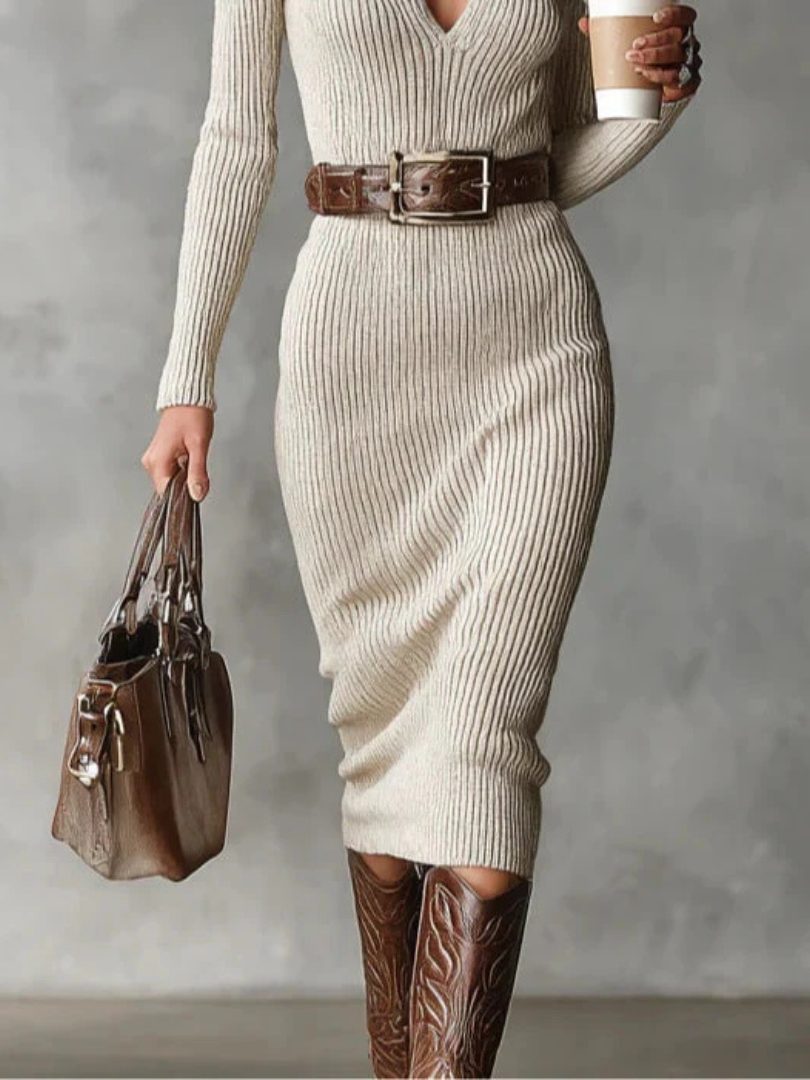 Ribbed Knit V-Neck Midi Dress with Belt for Women - View 3