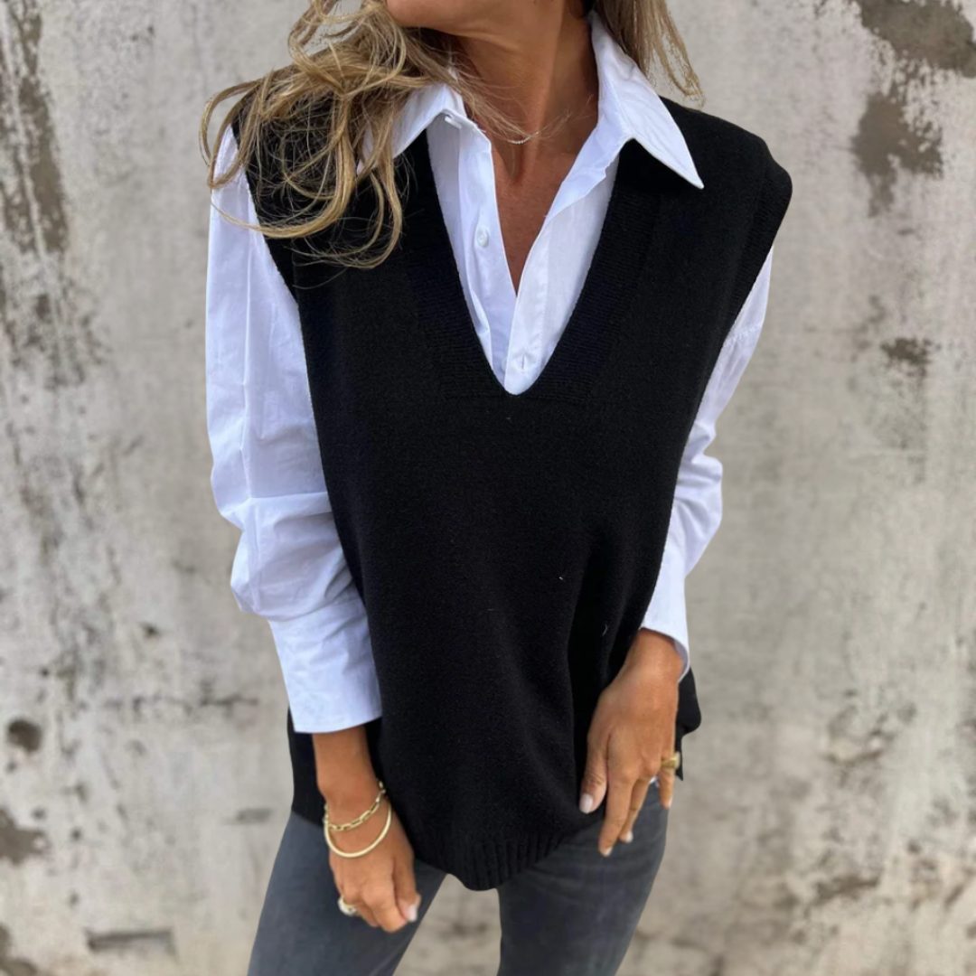 Ribbed Knit V-Neck Sweater Vest with Oversized Fit for Women - Black
