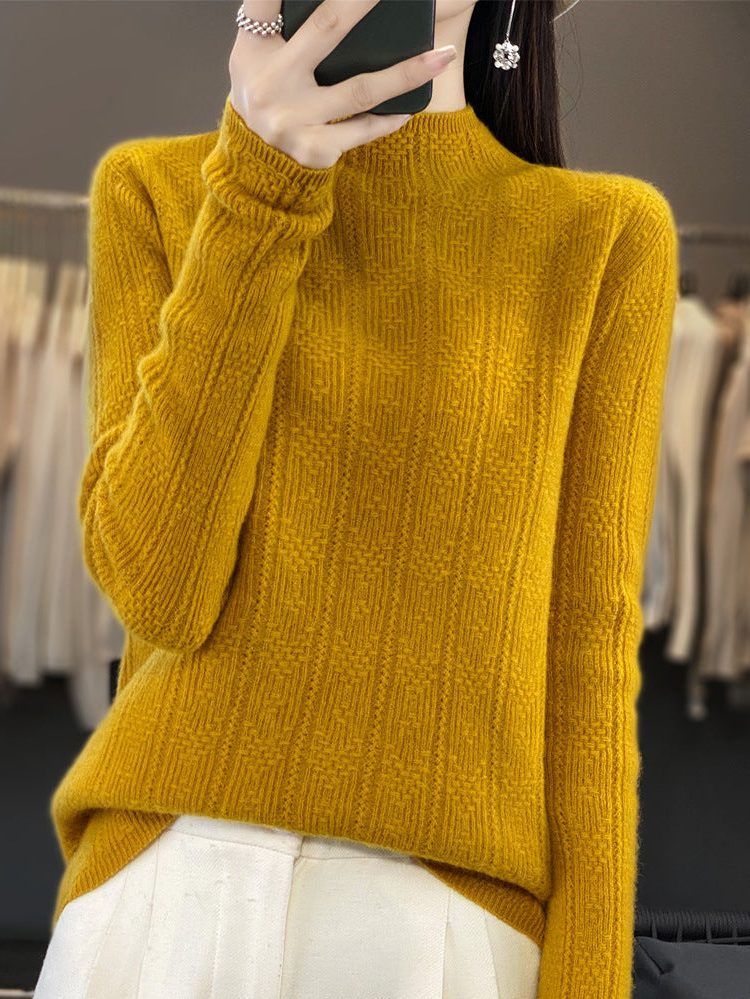 Ribbed Knit Wool Turtleneck Sweater for Women