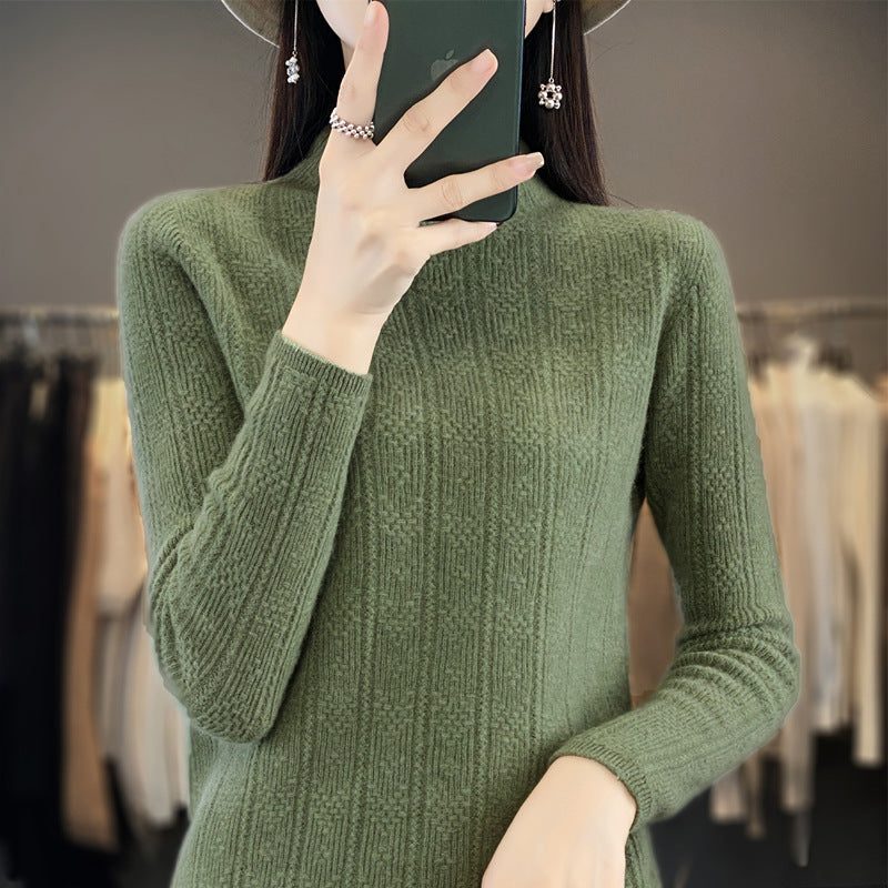 Ribbed Knit Wool Turtleneck Sweater for Women - Olive Green