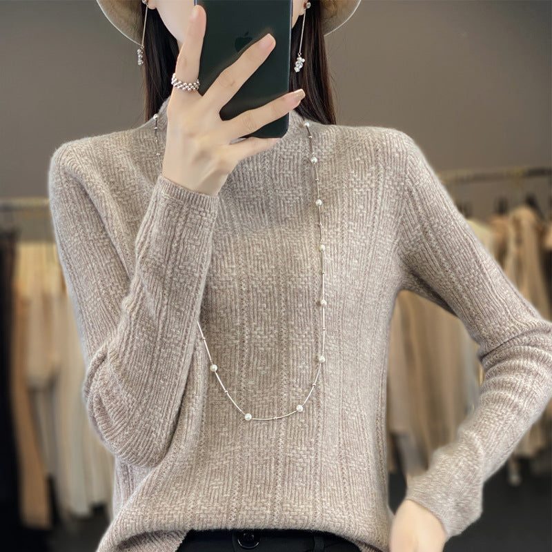 Ribbed Knit Wool Turtleneck Sweater for Women - Camel Brown