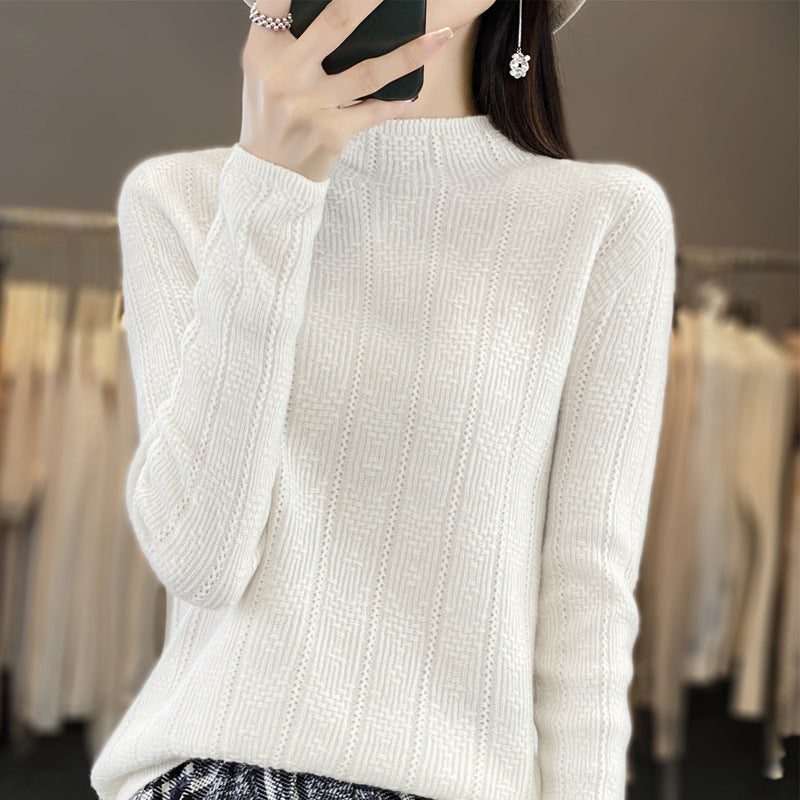 Ribbed Knit Wool Turtleneck Sweater for Women - White