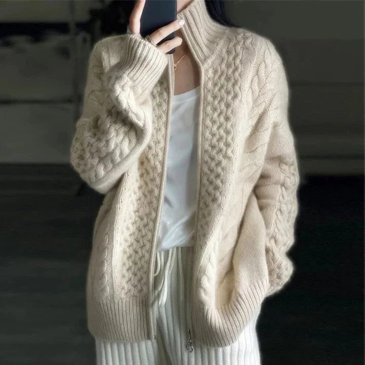 Ribbed Knit Zip-Up Cardigan for Women