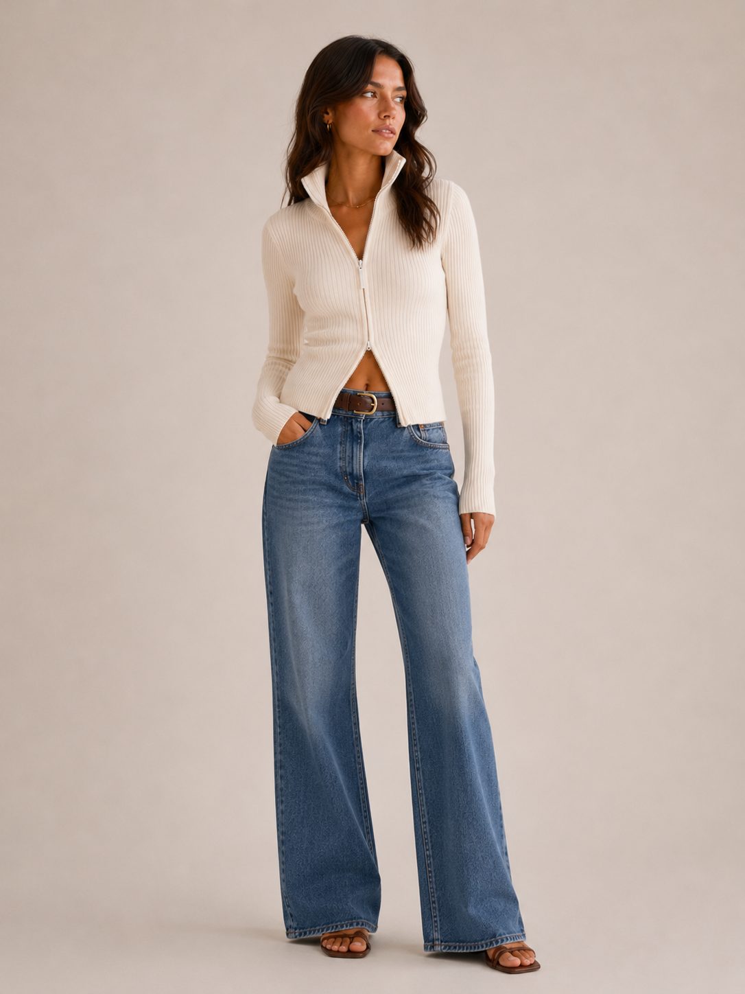 Ribbed Knit Zip-Up Cardigan for Women - View 3