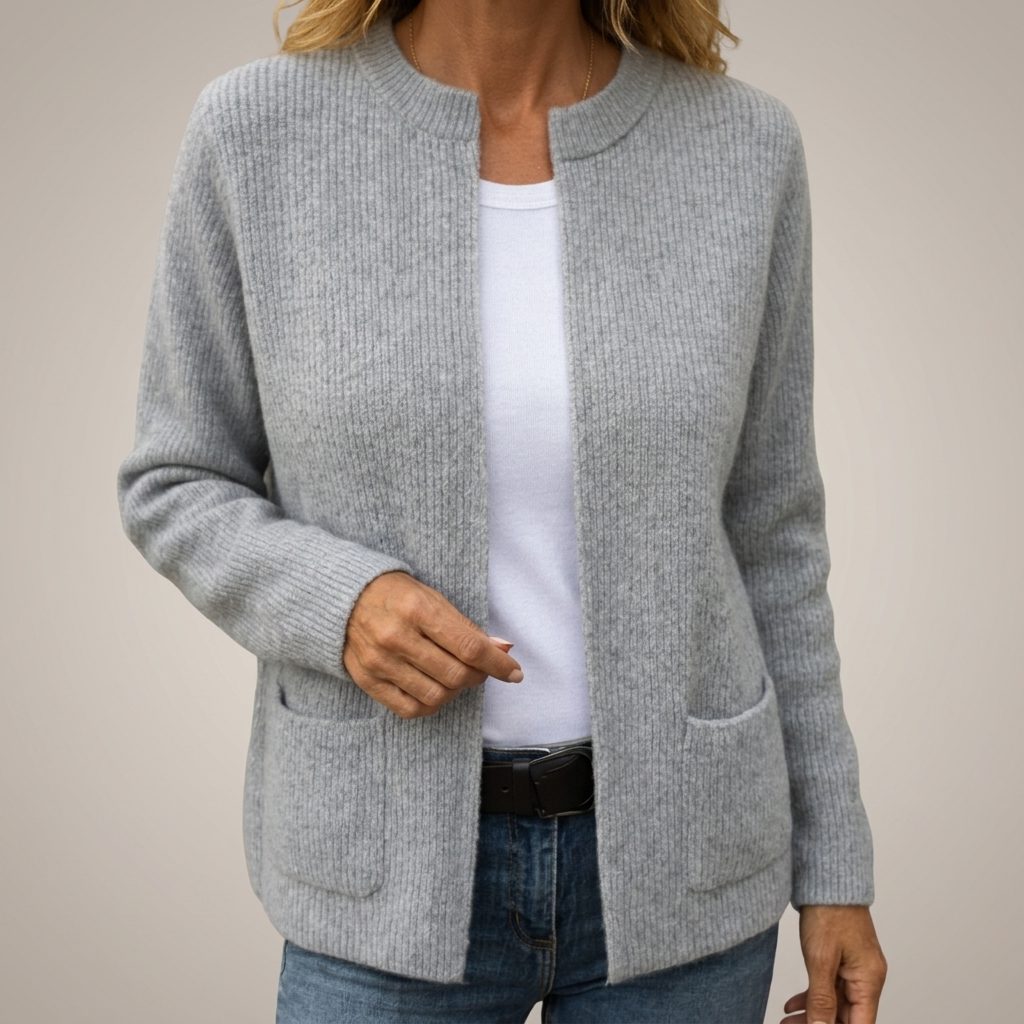 Ribbed Knit Zip-Up Cardigan with Pockets for Women - Gray