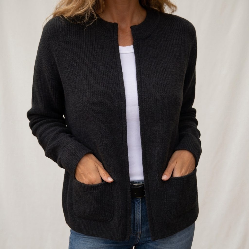 Ribbed Knit Zip-Up Cardigan with Pockets for Women - Black