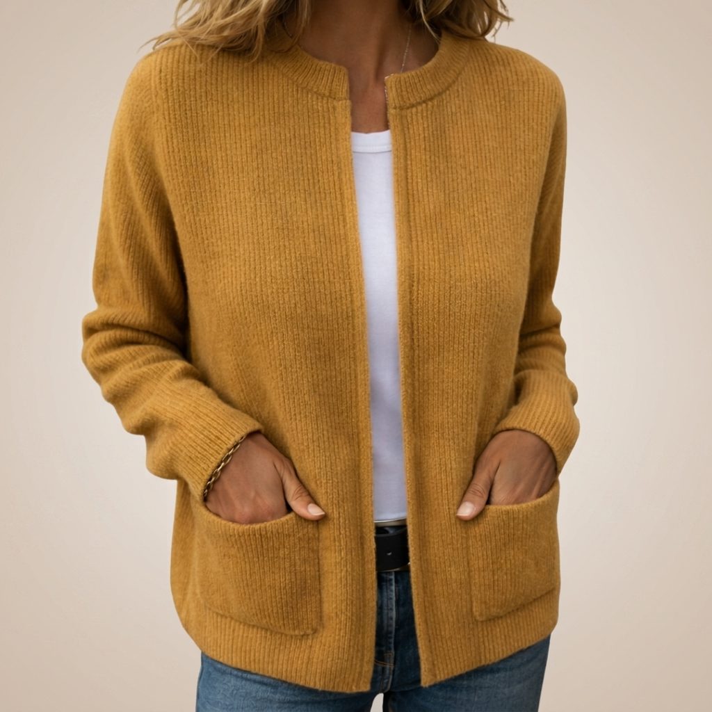 Ribbed Knit Zip-Up Cardigan with Pockets for Women - Yellow
