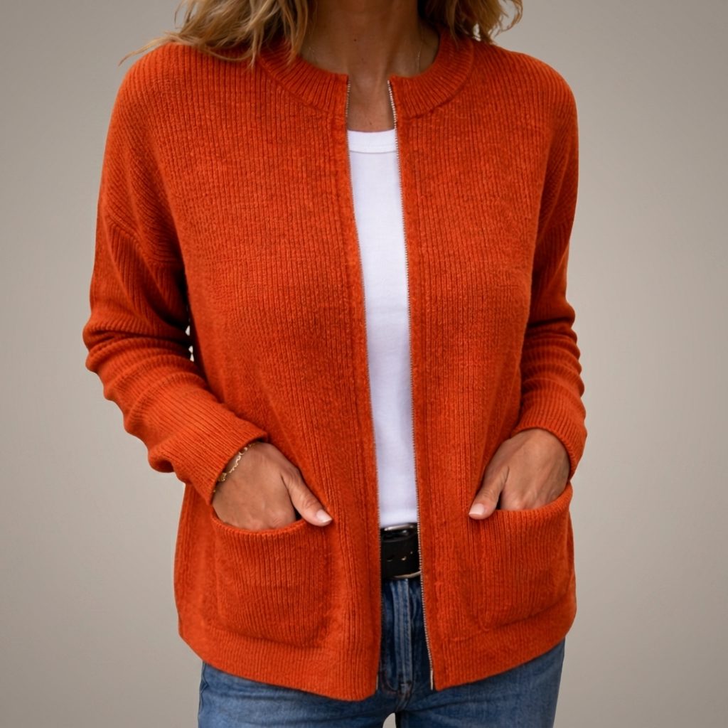 Ribbed Knit Zip-Up Cardigan with Pockets for Women - Orange