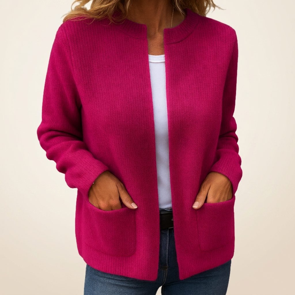Ribbed Knit Zip-Up Cardigan with Pockets for Women - Red Pink