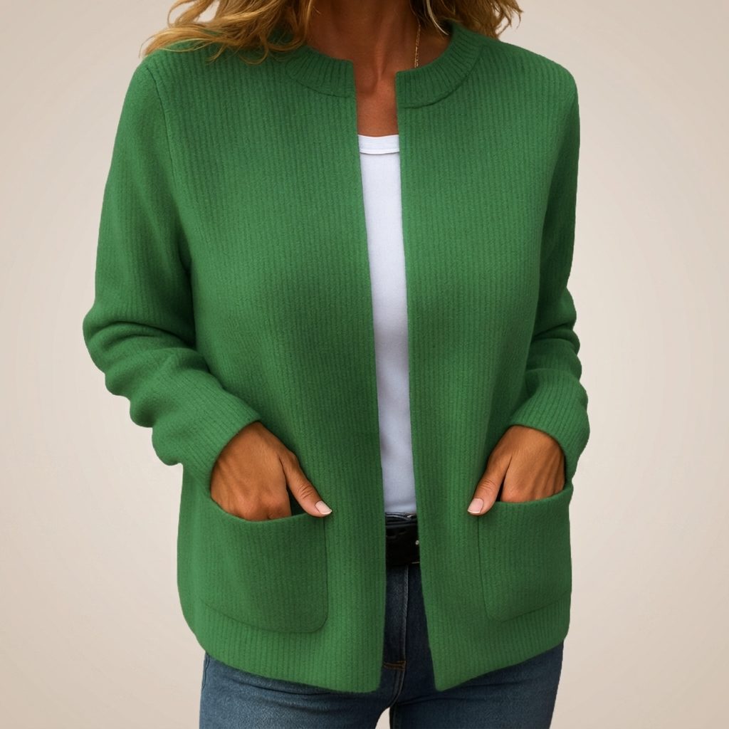 Ribbed Knit Zip-Up Cardigan with Pockets for Women - Green