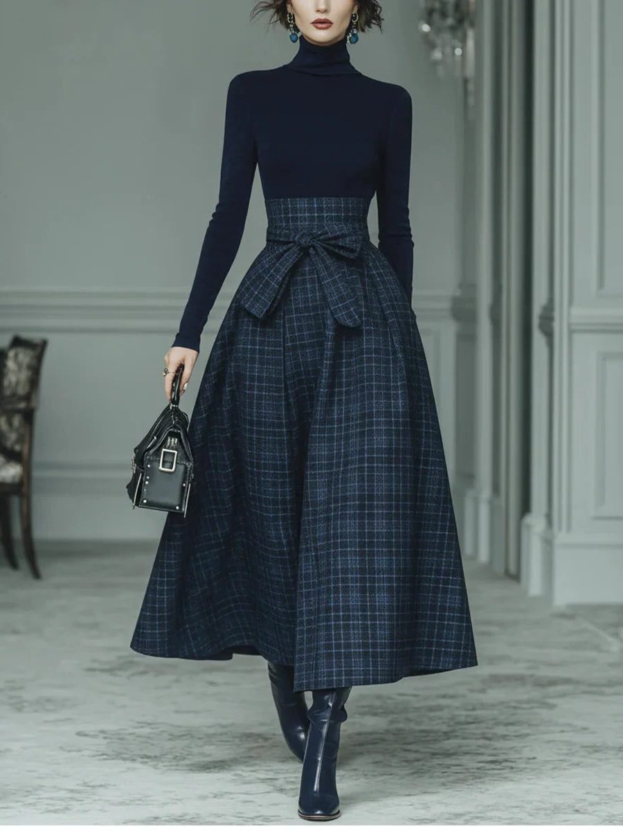 Roll Neck Long Sleeve Midi Skirt Set for Women