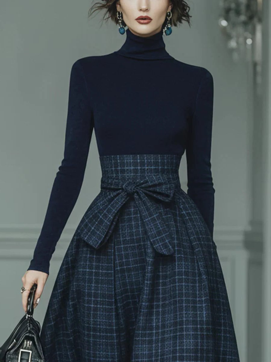 Roll Neck Long Sleeve Midi Skirt Set for Women - View 2