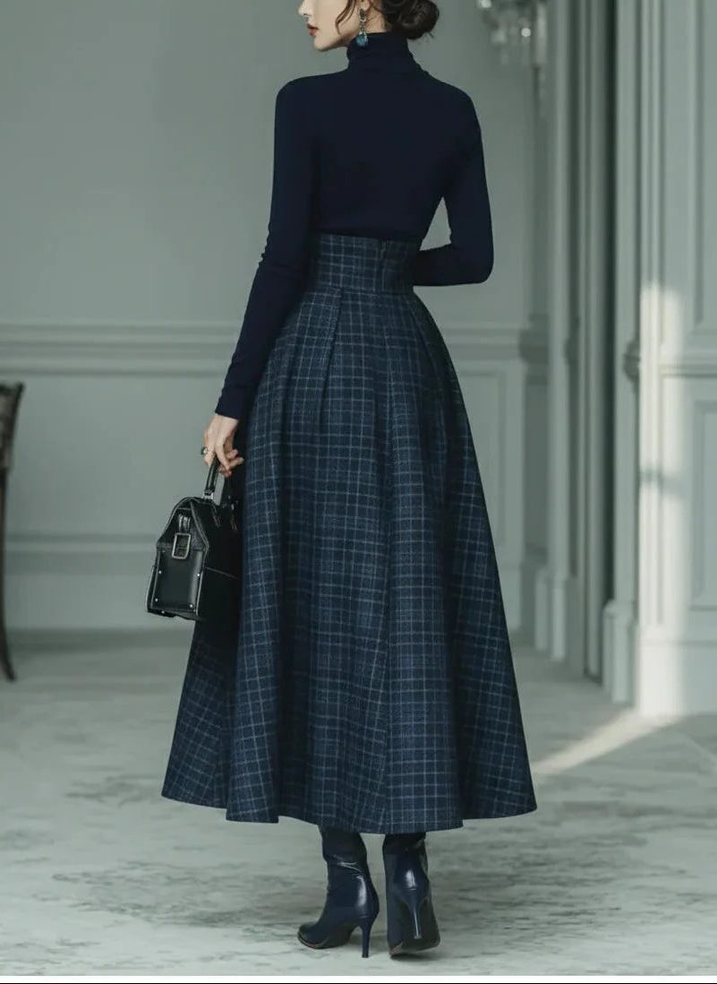 Roll Neck Long Sleeve Midi Skirt Set for Women - View 4
