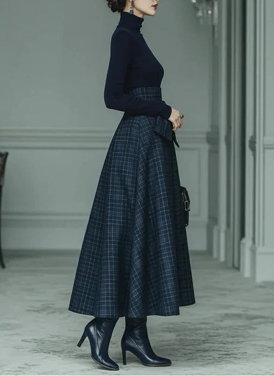 Roll Neck Long Sleeve Midi Skirt Set for Women - View 5