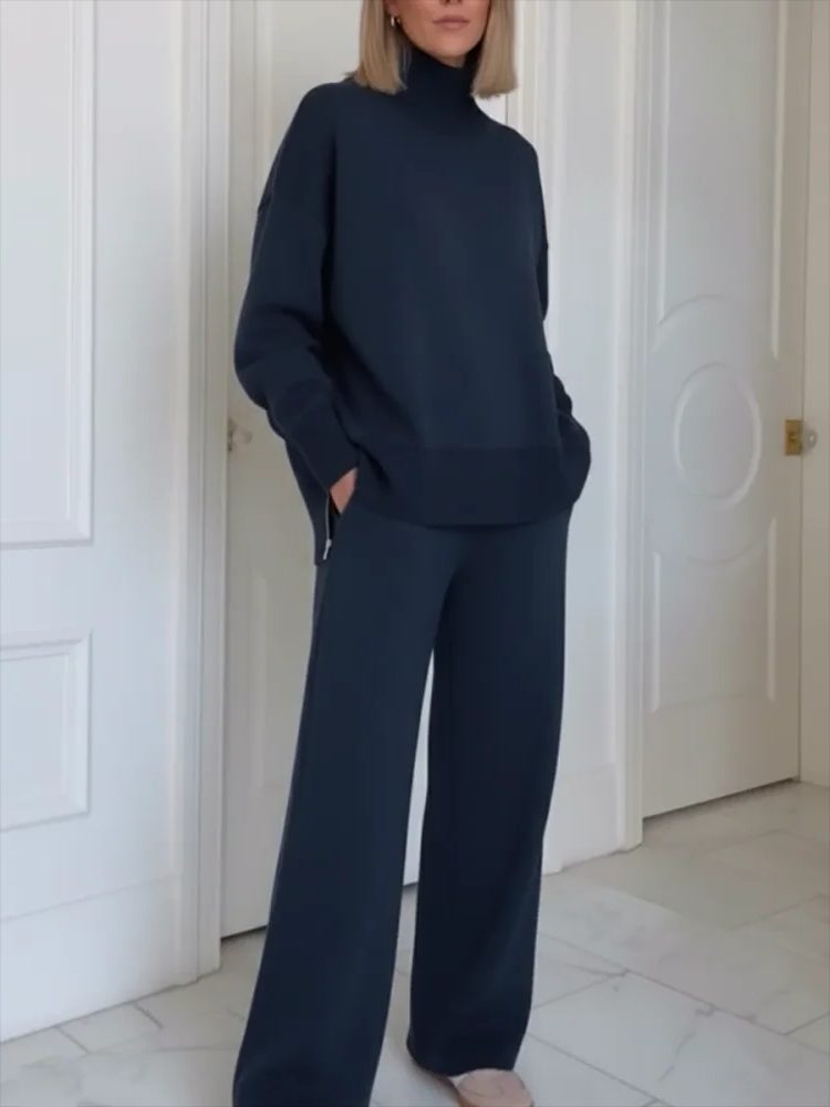 Roll Neck Long Sleeve Straight Leg Loungewear Set for Women - Navy Blue