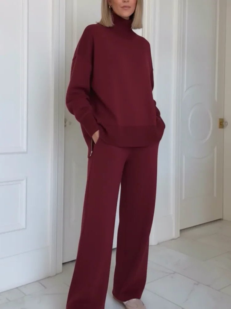 Roll Neck Long Sleeve Straight Leg Loungewear Set for Women