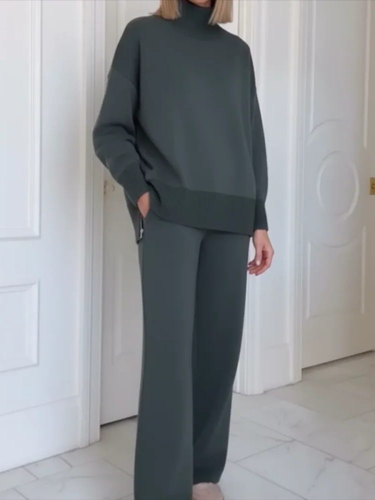 Roll Neck Long Sleeve Straight Leg Loungewear Set for Women - Gray