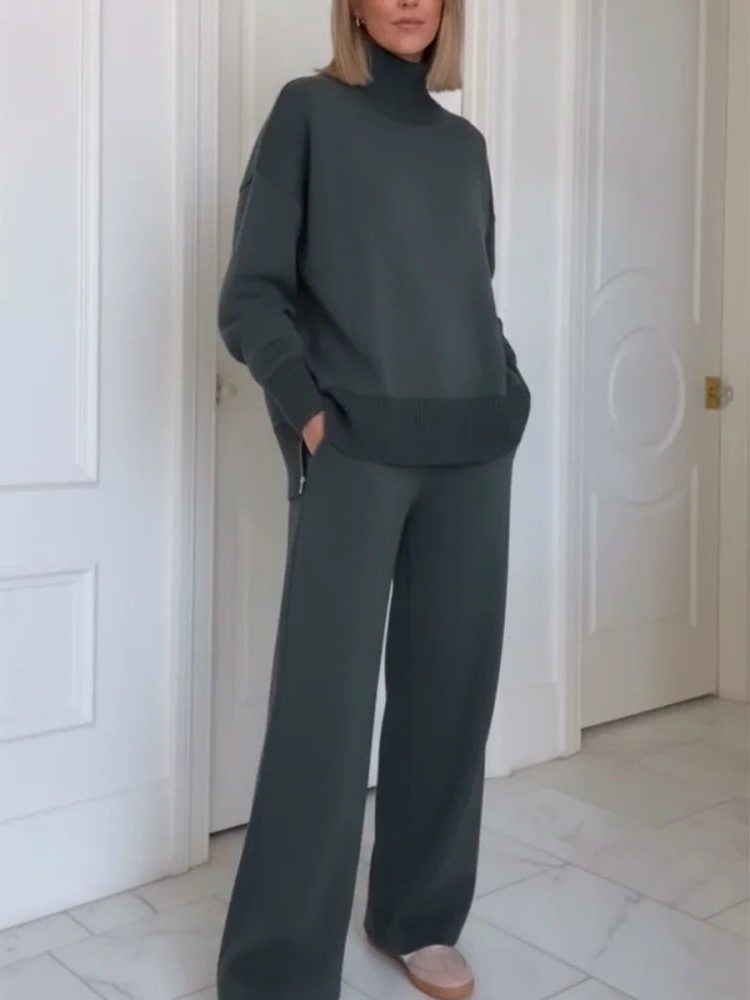 Roll Neck Long Sleeve Straight Leg Loungewear Set for Women