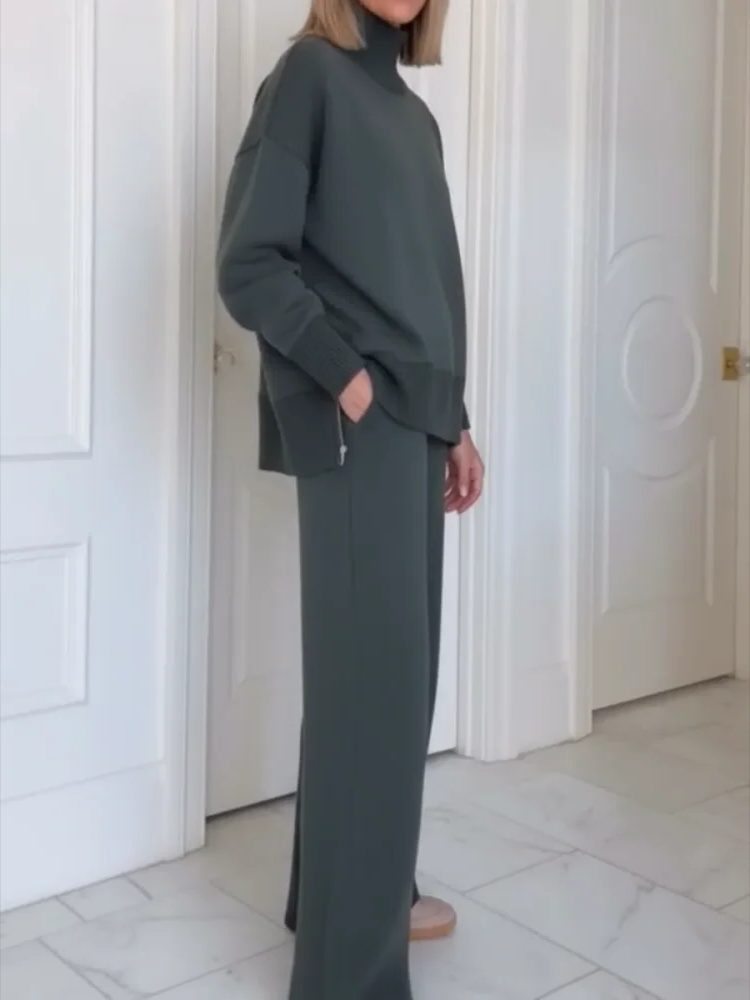 Roll Neck Long Sleeve Straight Leg Loungewear Set for Women - View 3