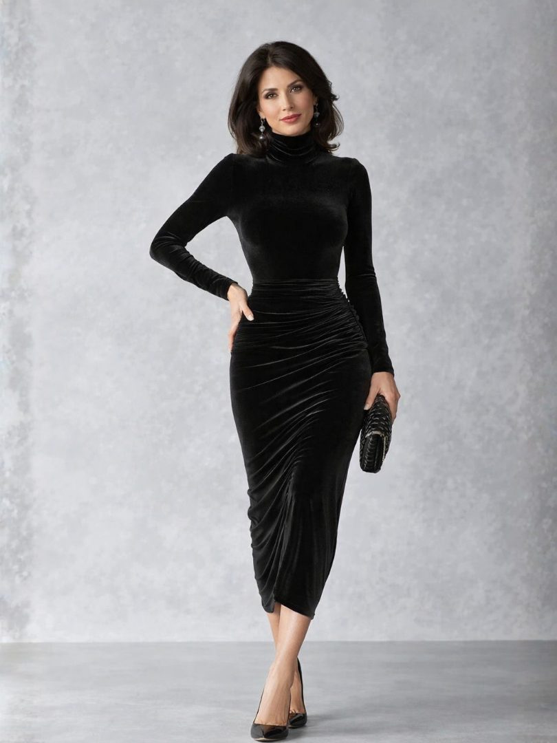 Ruched Velvet Midi Dress with Turtleneck Long Sleeve for Women