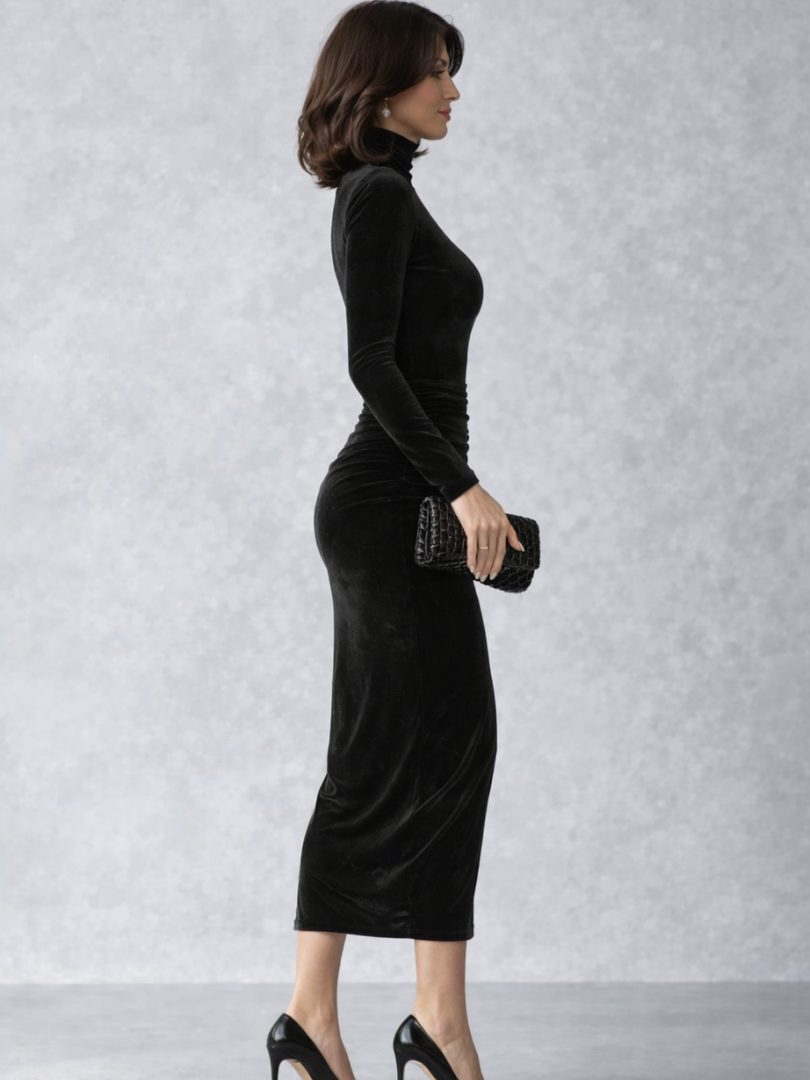 Ruched Velvet Midi Dress with Turtleneck Long Sleeve for Women - View 2