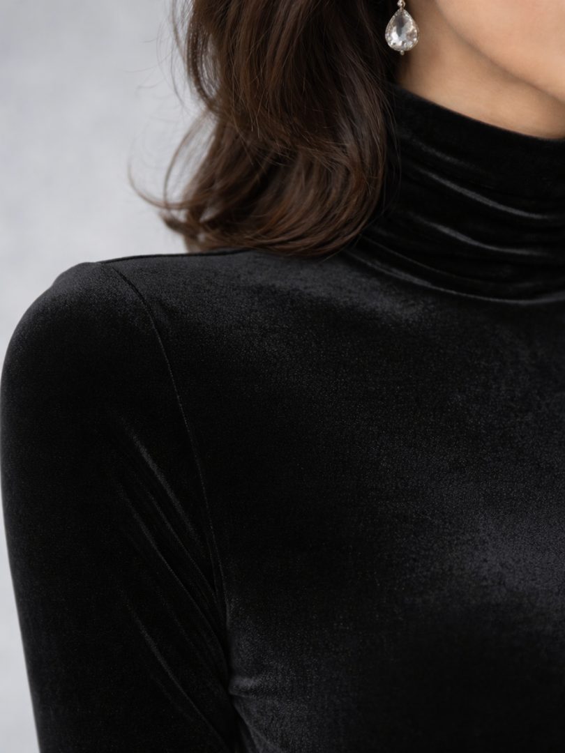 Ruched Velvet Midi Dress with Turtleneck Long Sleeve for Women - View 3