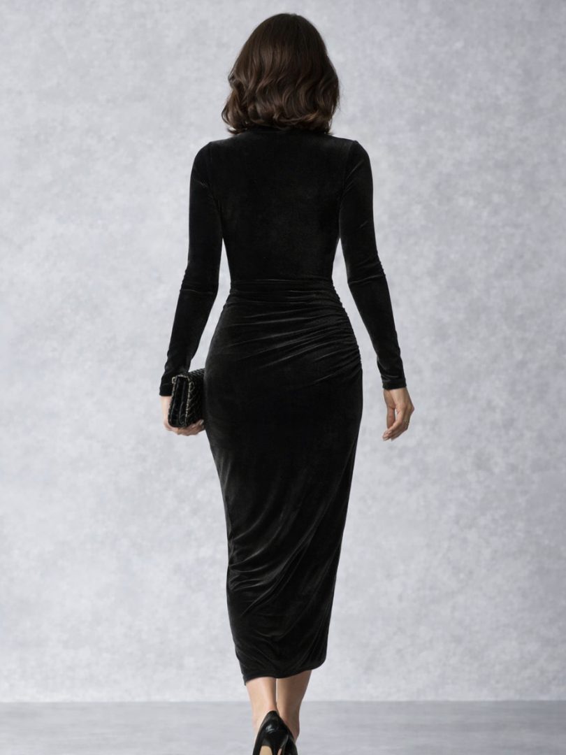 Ruched Velvet Midi Dress with Turtleneck Long Sleeve for Women - View 4