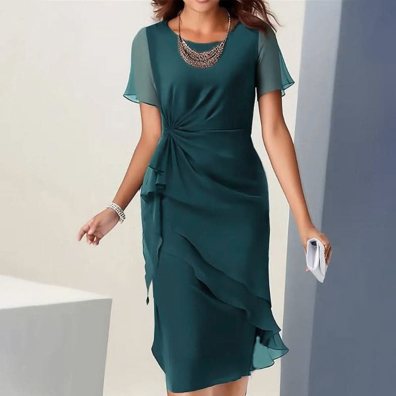 Ruffle Midi Formal Dress with Flutter Sleeves for Women - Green