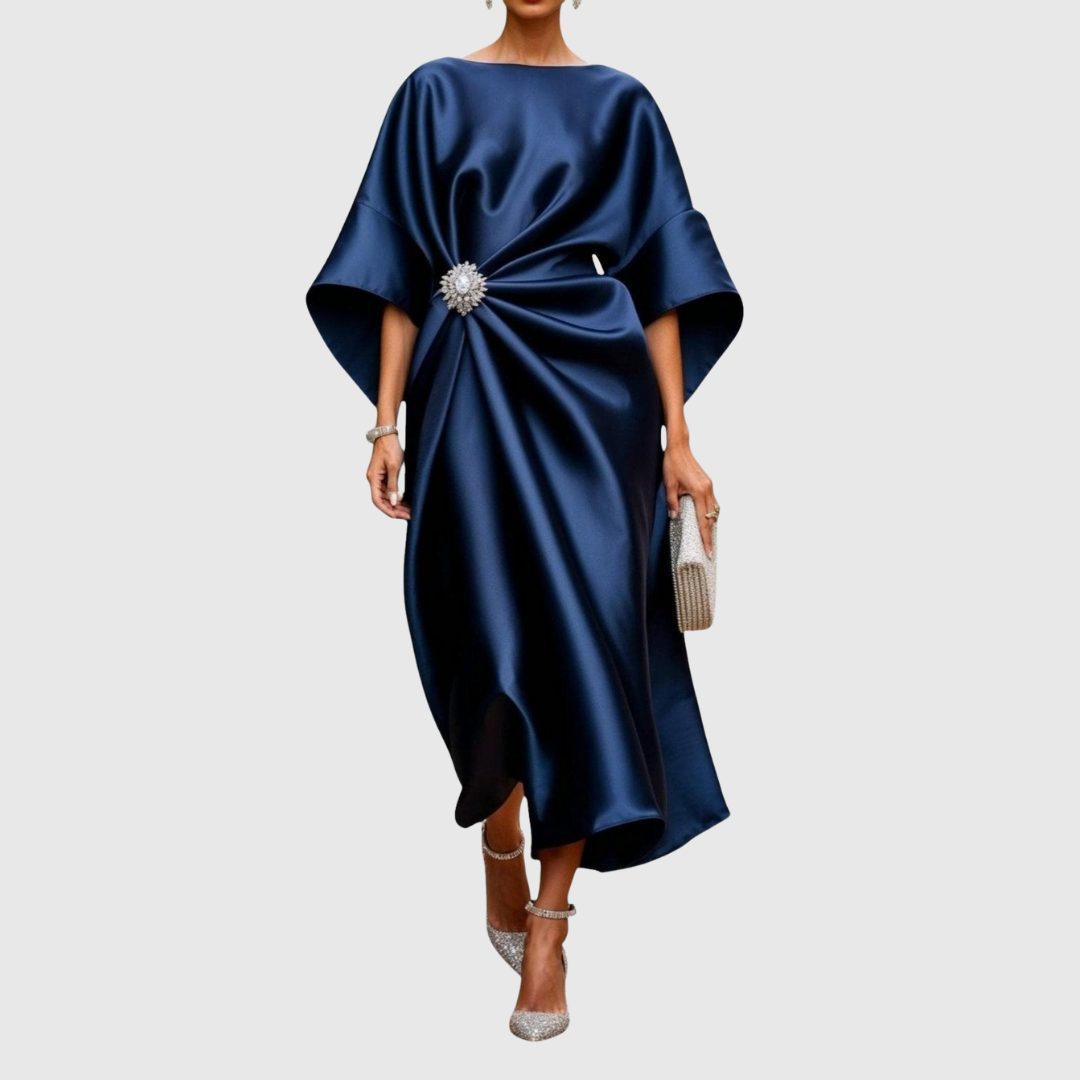 Satin Draped Midi Dress with Kimono Sleeves for Women