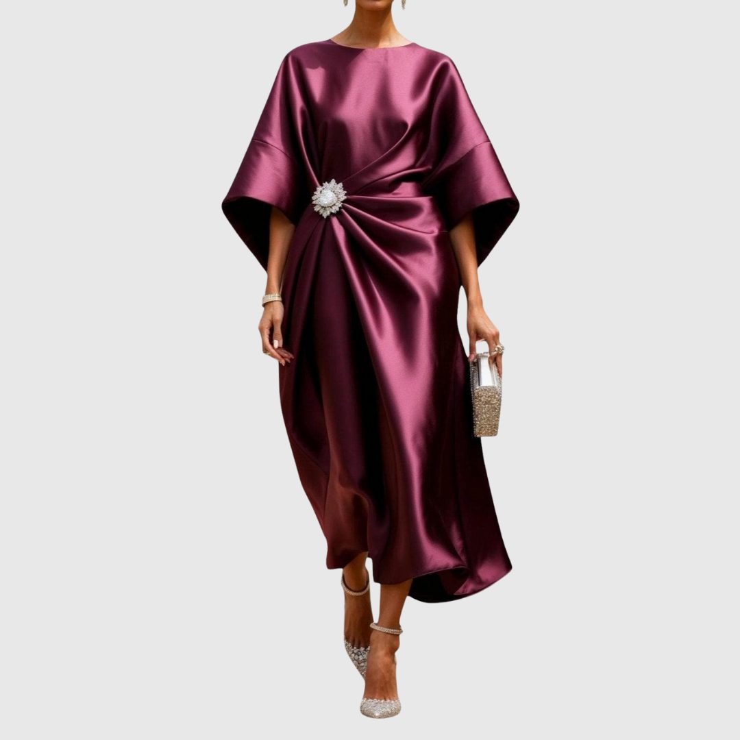 Satin Draped Midi Dress with Kimono Sleeves for Women