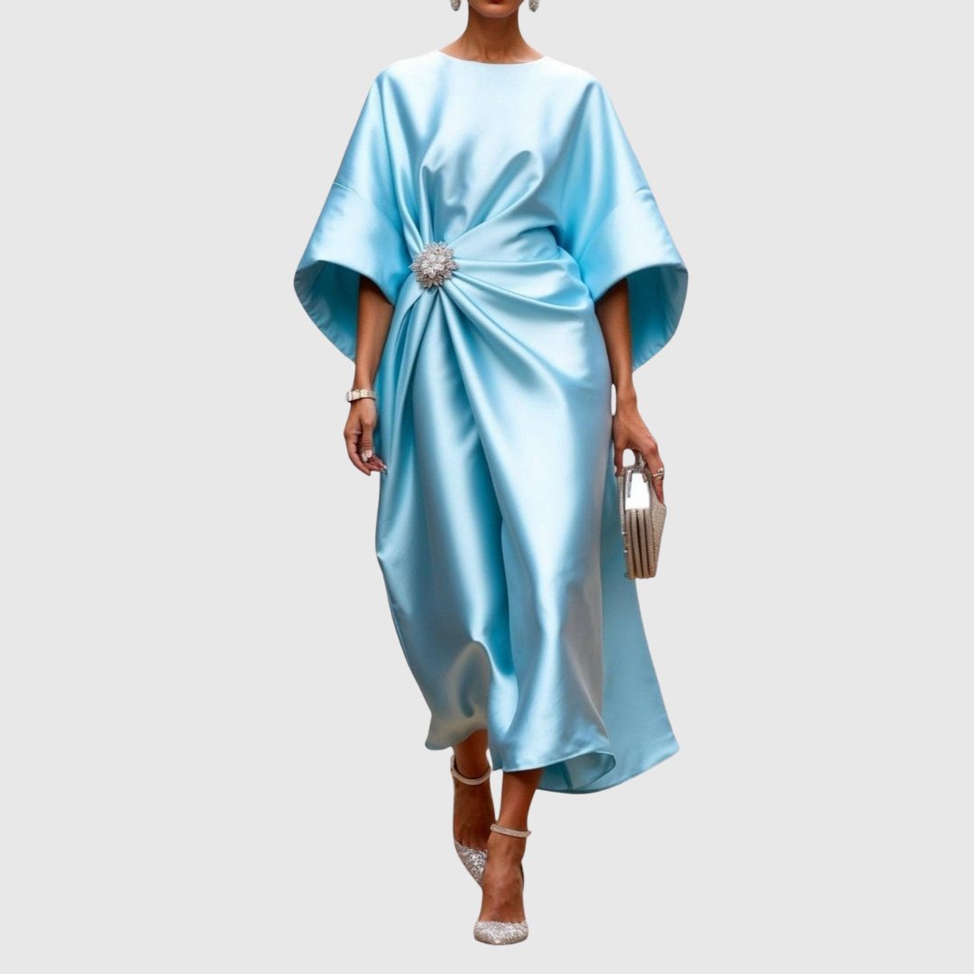 Satin Draped Midi Dress with Kimono Sleeves for Women - Light Blue