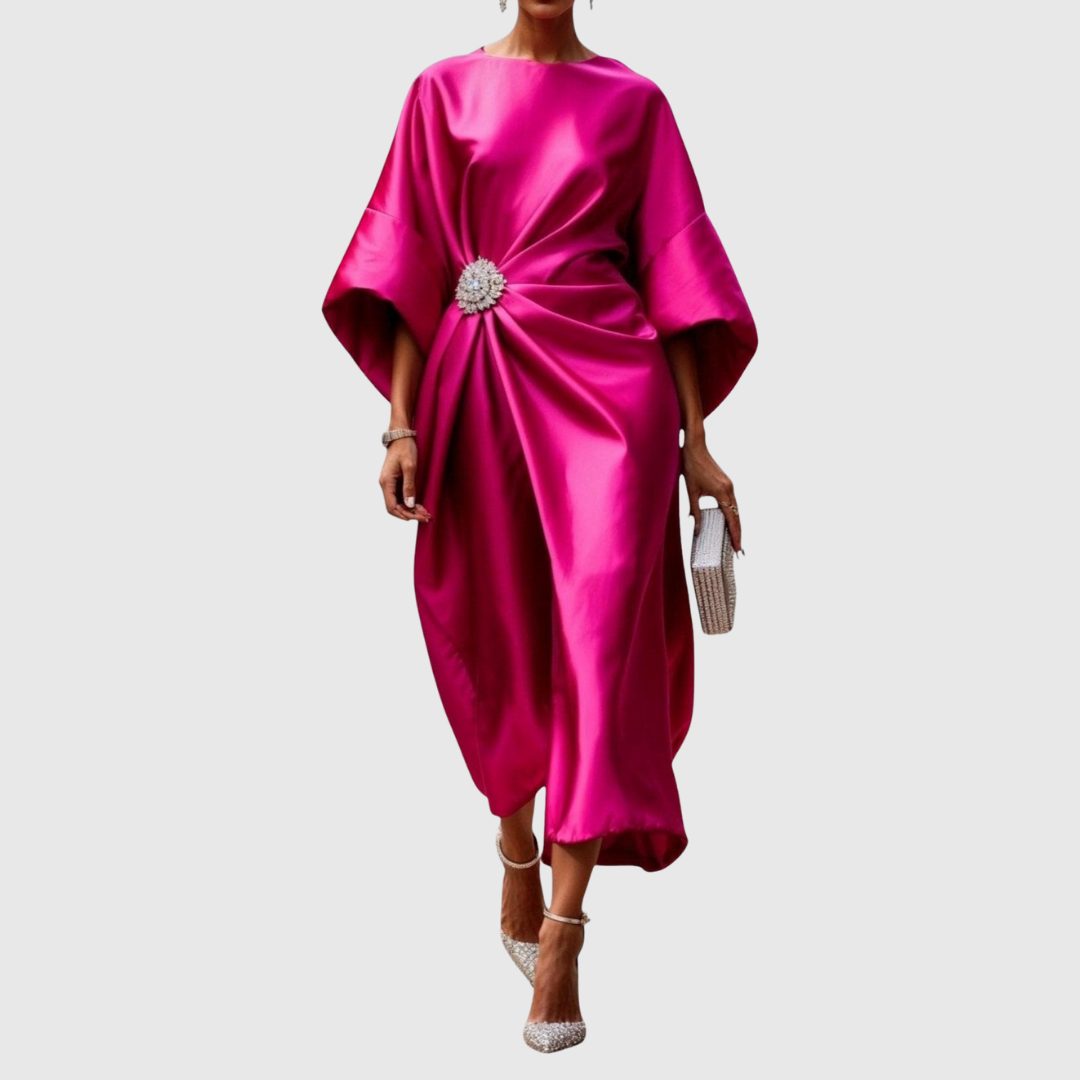 Satin Draped Midi Dress with Kimono Sleeves for Women - Pink