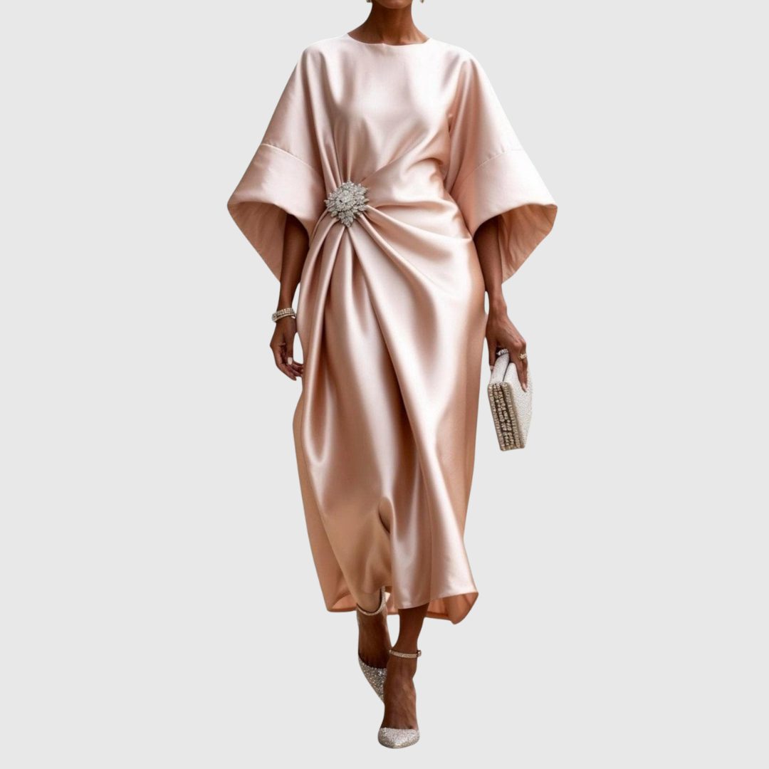 Satin Draped Midi Dress with Kimono Sleeves for Women - Beige
