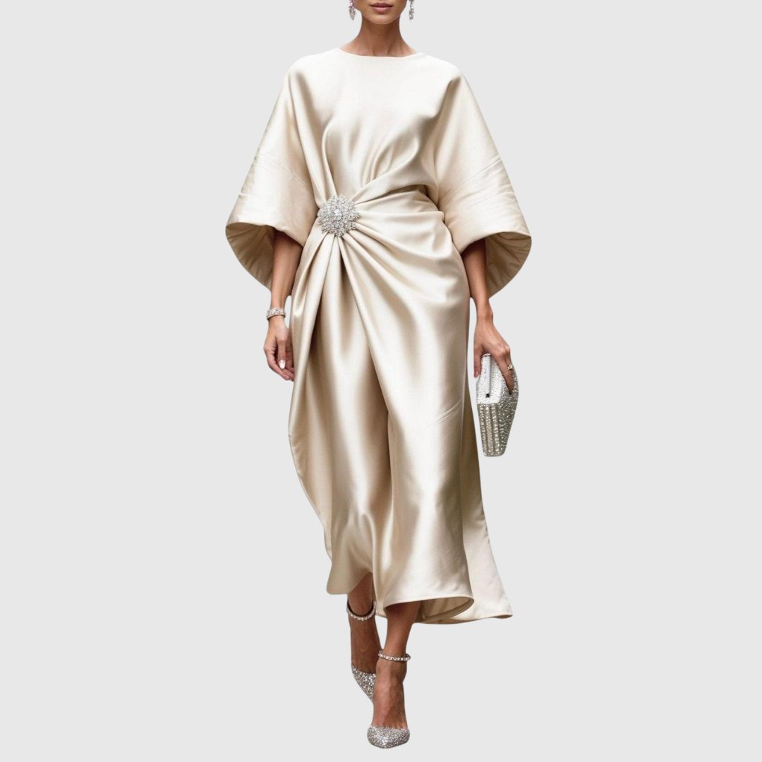 Satin Draped Midi Dress with Kimono Sleeves for Women - Khaki