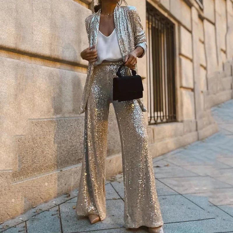 Sequin Cardigan and Wide-Leg Pants Two-Piece Set for Women - Apricot