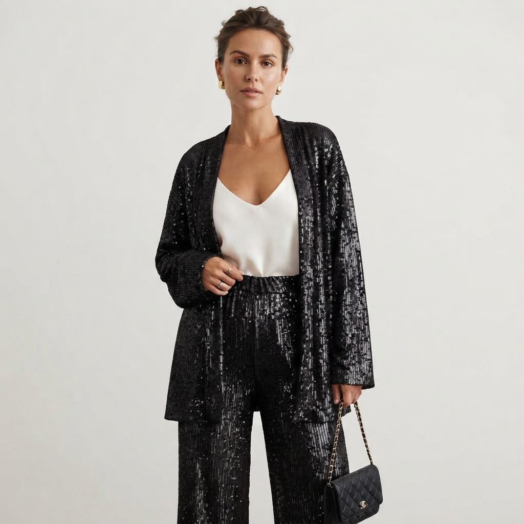 Sequin Cardigan and Wide-Leg Pants Two-Piece Set for Women