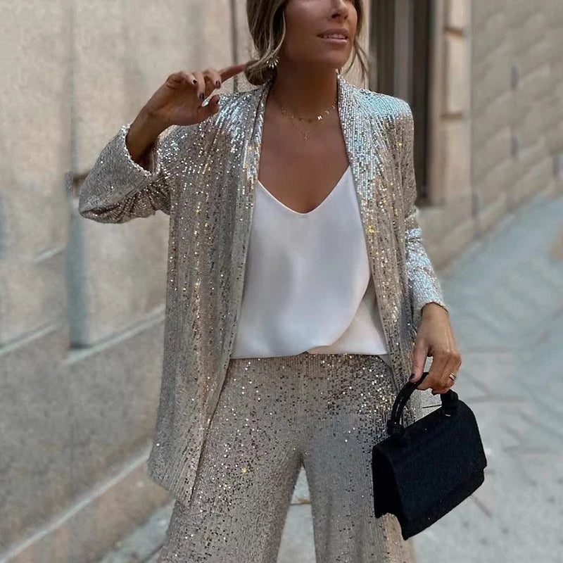 Sequin Cardigan and Wide-Leg Pants Two-Piece Set for Women - Silver