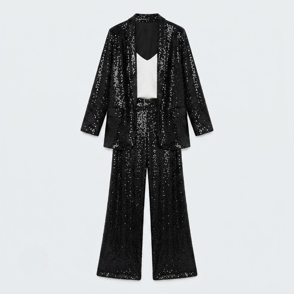 Sequin Cardigan and Wide-Leg Pants Two-Piece Set for Women - View 2
