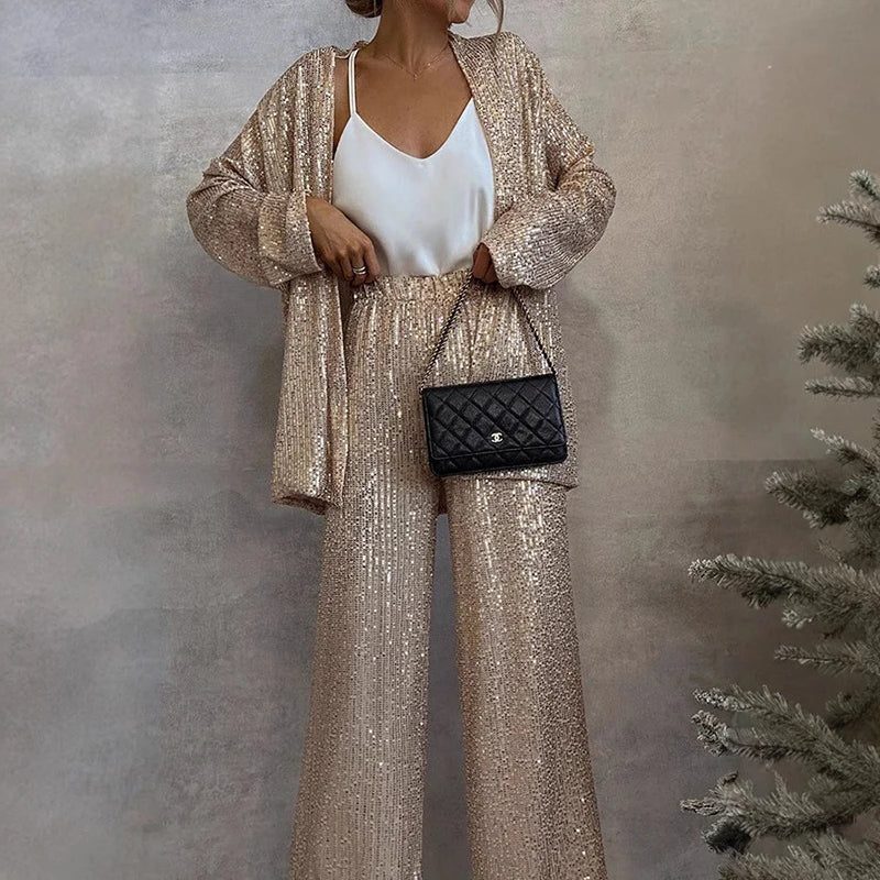 Sequin Cardigan and Wide-Leg Pants Two-Piece Set for Women - View 3