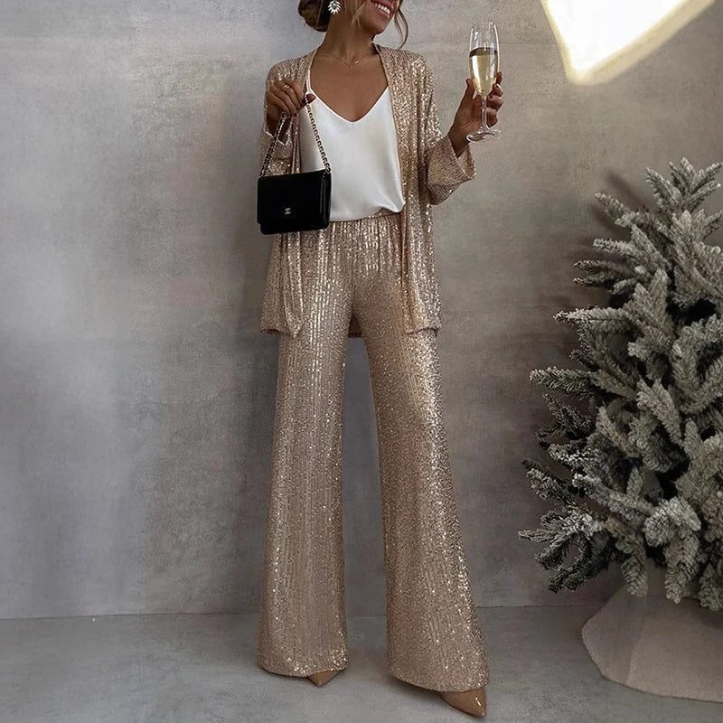 Sequin Cardigan and Wide-Leg Pants Two-Piece Set for Women - View 5