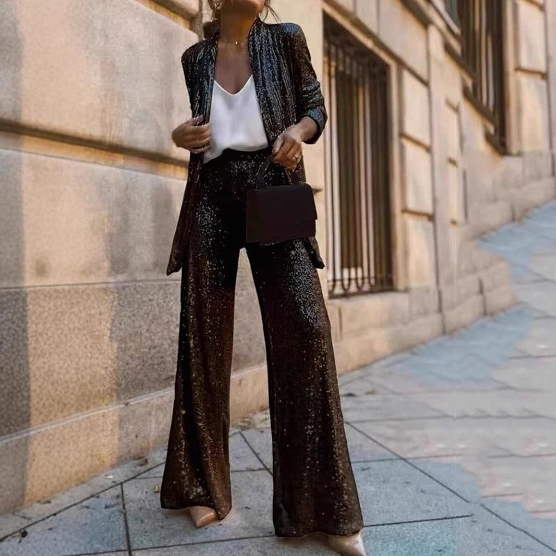 Sequin Cardigan and Wide-Leg Pants Two-Piece Set for Women - View 6
