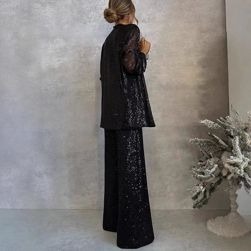 Sequin Cardigan and Wide-Leg Pants Two-Piece Set for Women - View 7