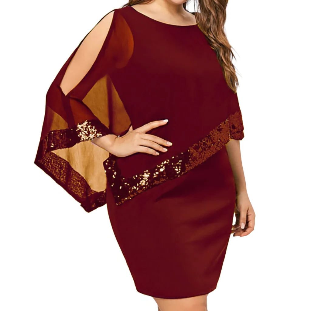Sequin Cold Shoulder Midi Dress for Women - Red