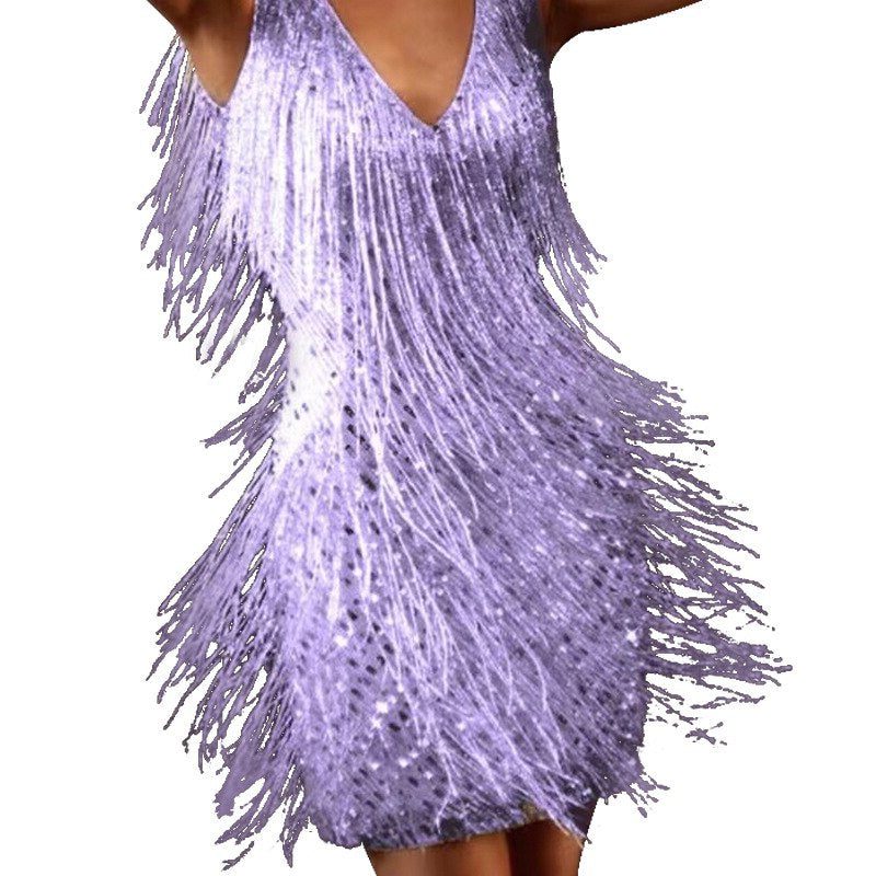 Sequin Mini Dress with Tiered Fringe and V-Neck for Women - Purple