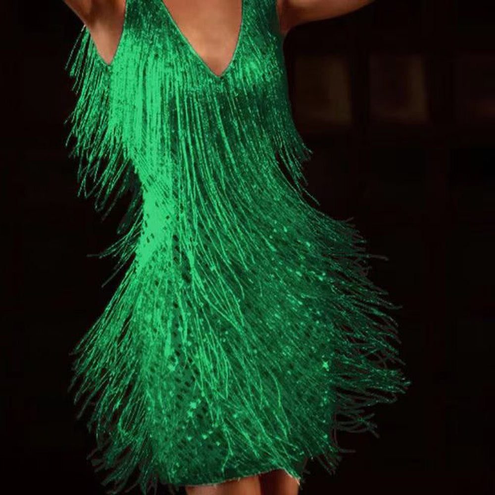Sequin Mini Dress with Tiered Fringe and V-Neck for Women - Green