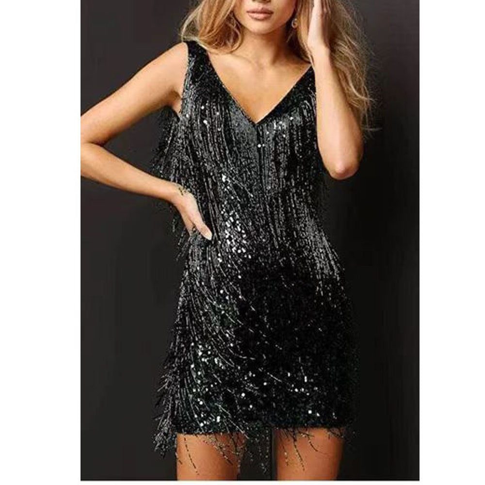 Sequin Mini Dress with Tiered Fringe and V-Neck for Women - Black