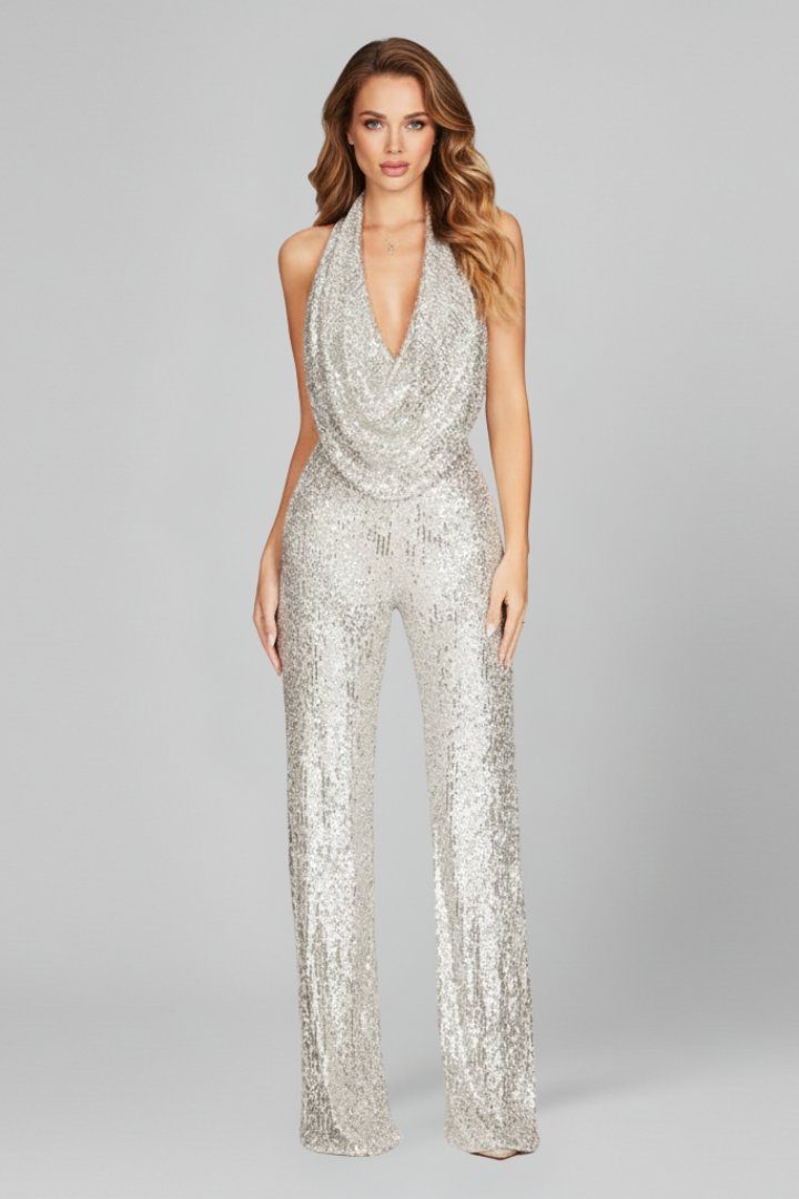 Sequin Halter Wide-Leg Jumpsuit for Women - Silver